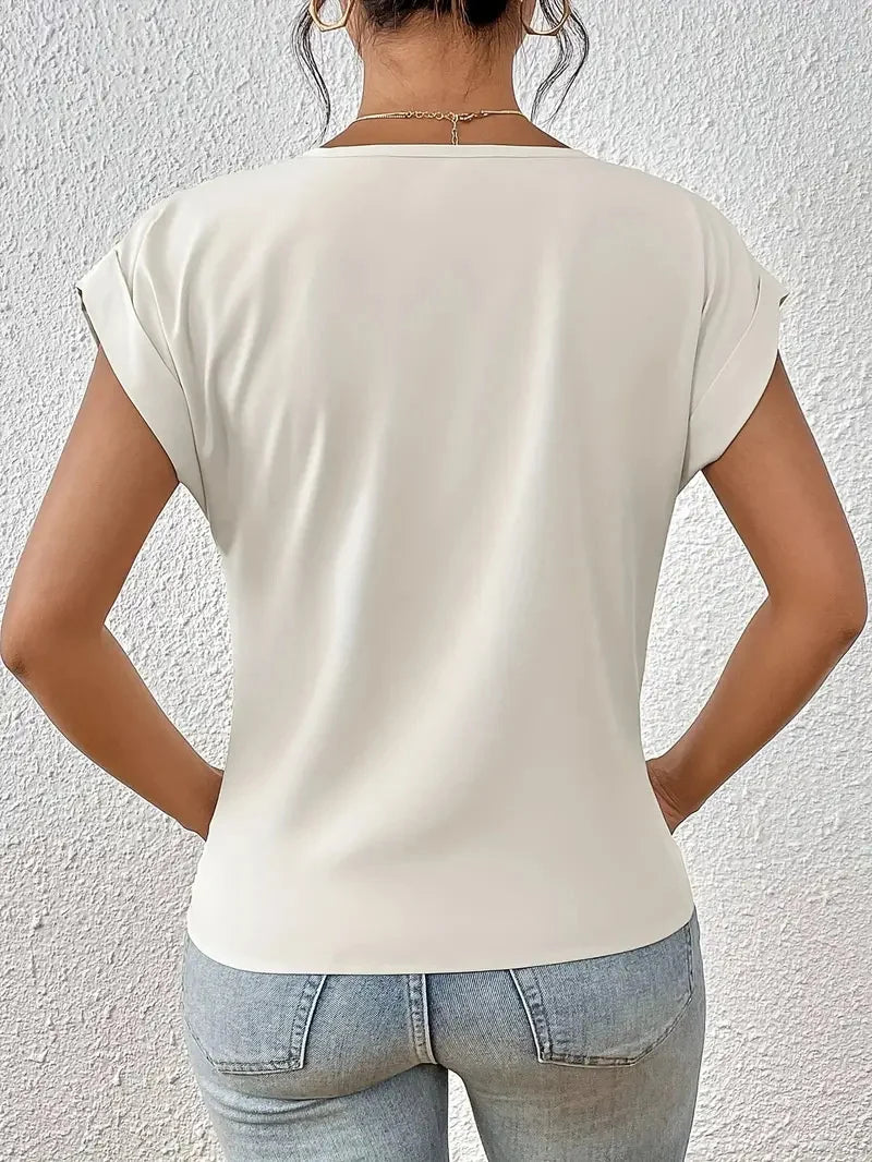 Fashion Pleated Hem V-Neck Tee – Women’s Summer Casual Office Top