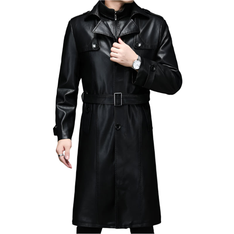 Men’s Long Leather Winter Coat – Warm Plush Lined Casual Trench Jacket