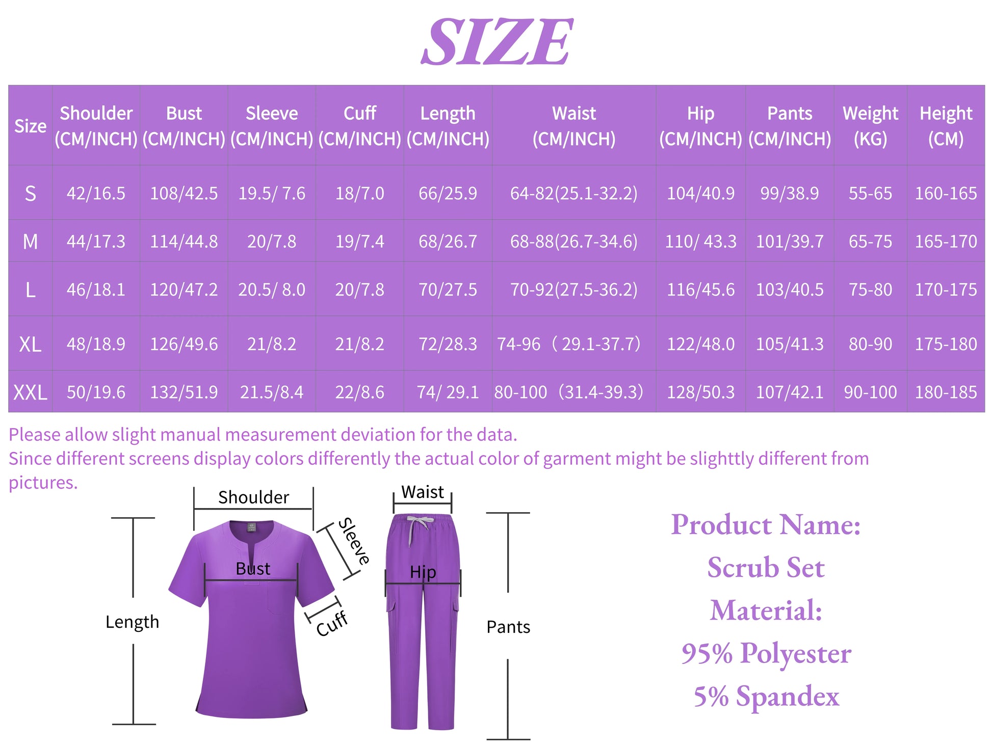 Women's Medical Scrubs Uniform Set - Pocket Top & Pants for Work Chart