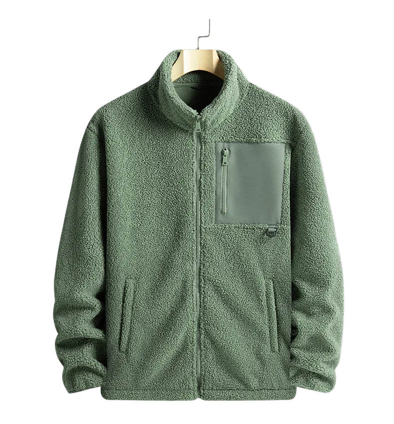 Green fleece jacket on a hanger with a white background