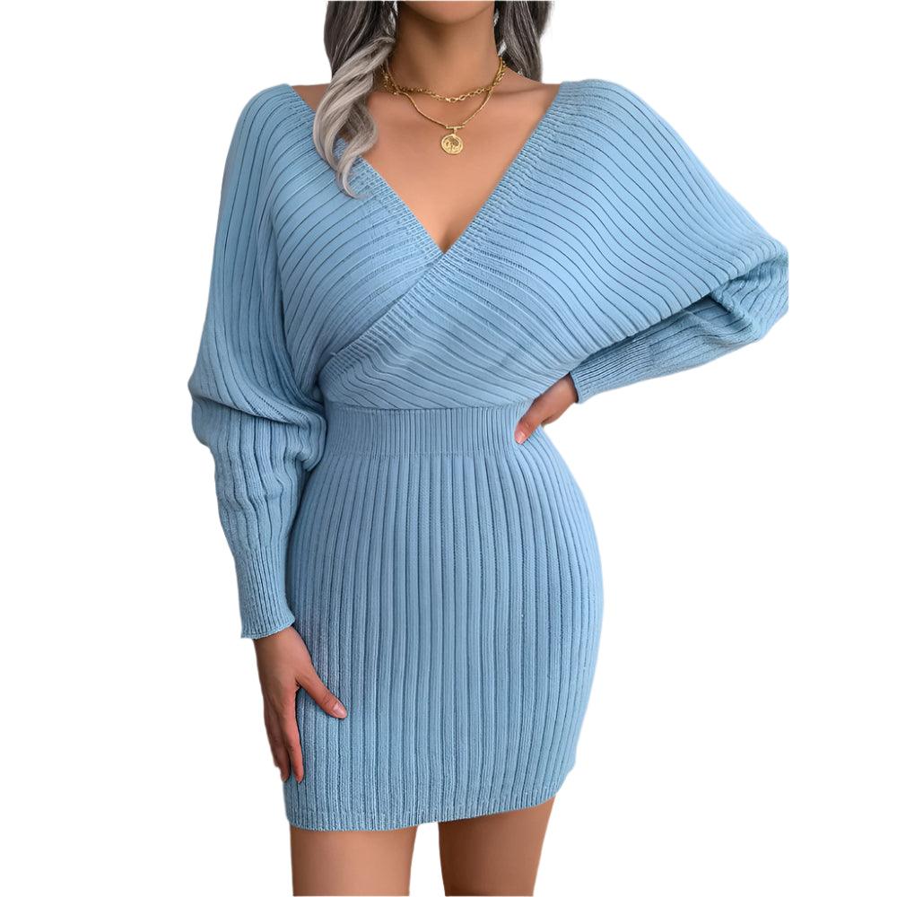 Autumn Winter V-Neck Knitted Wrap Dress – Slim Fit Mini for Casual Elegance - JVMCL