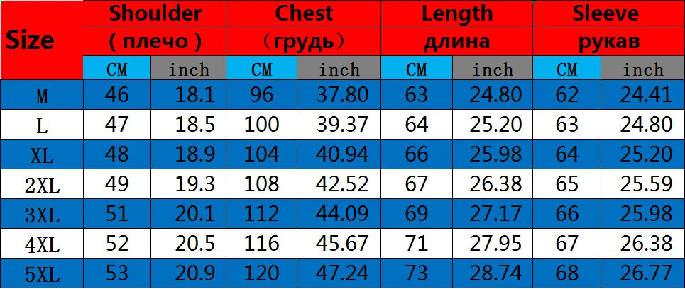 Table displaying measurements for shoulder, chest, length, and sleeve in both centimeters and inches across various sizes.