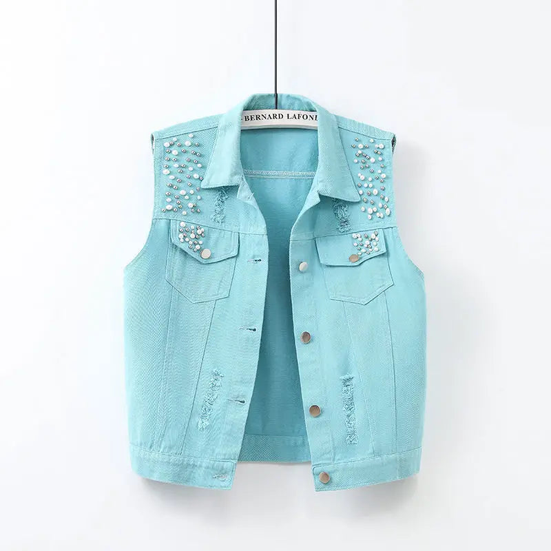 Colorful Beaded Denim Waistcoat – Women's Sleeveless Slim Fit Short Vest Jacket