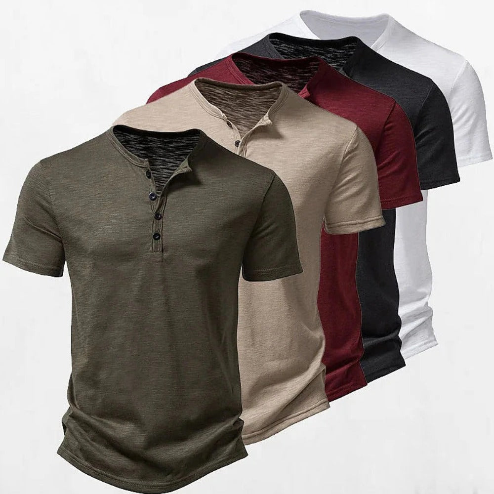 Men’s Henley Slub Cotton T-Shirt – Casual Solid Color Summer Streetwear