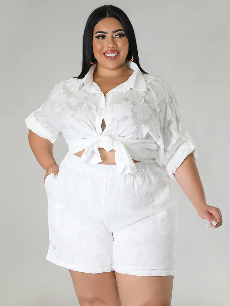 Plus Size Women's 2PC Set - Loose Shirt Top & Shorts Summer Outfits