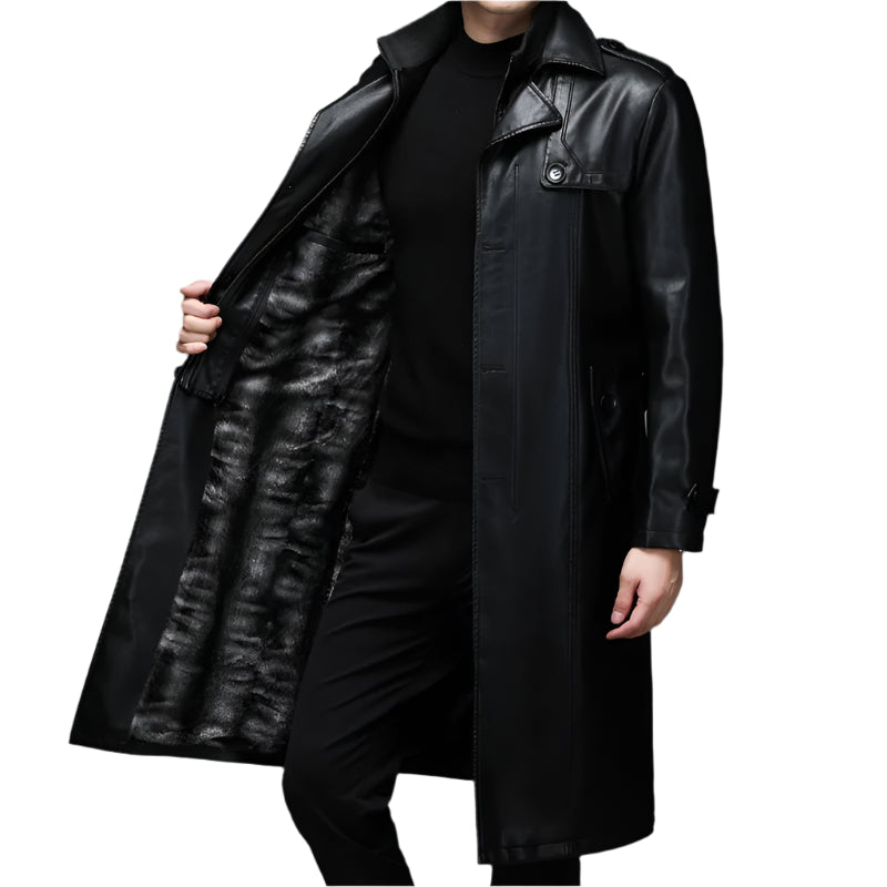 Men’s Long Leather Winter Coat – Warm Plush Lined Casual Trench Jacket
