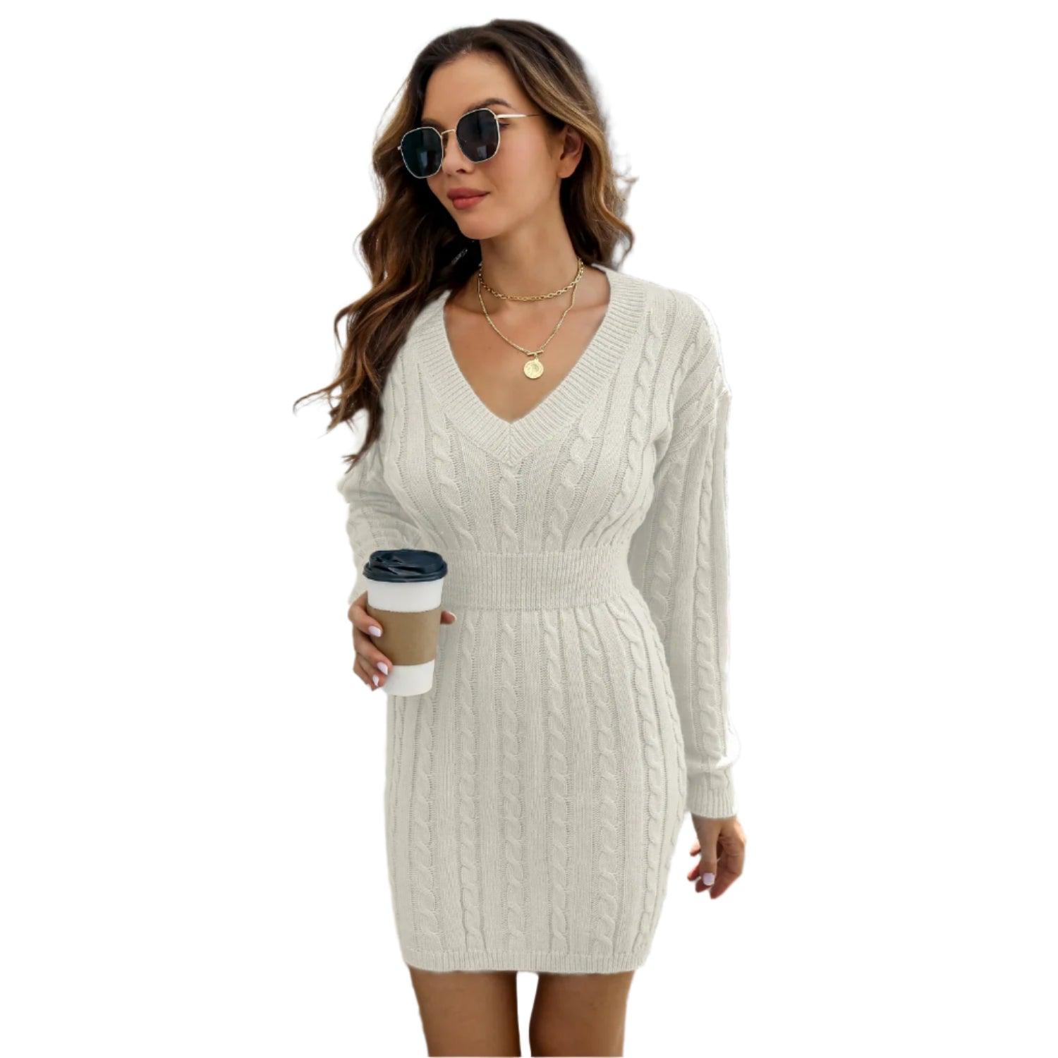 Knitted Solid Color V-neck Long-Sleeved Twist Waist Hip-Covering Sweater Dress - JVMCL