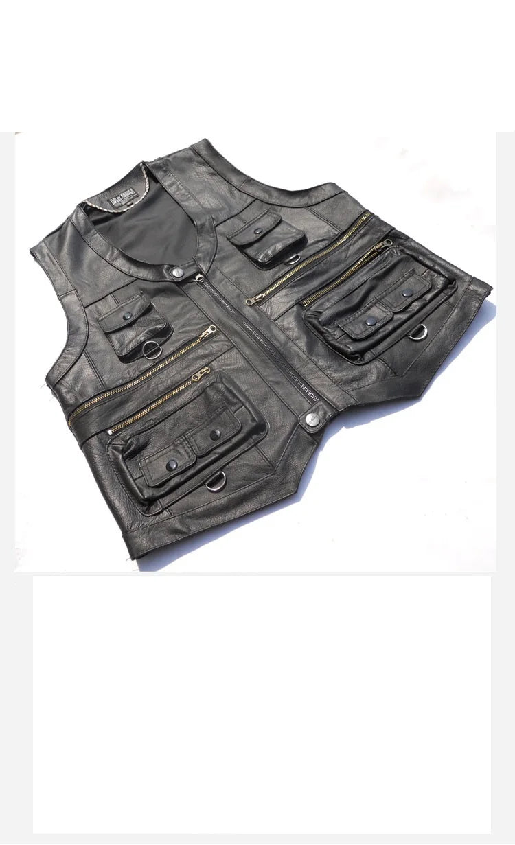 Men's Cowhide Genuine Leather Vest - Thick Motorcycle Biker Waistcoat