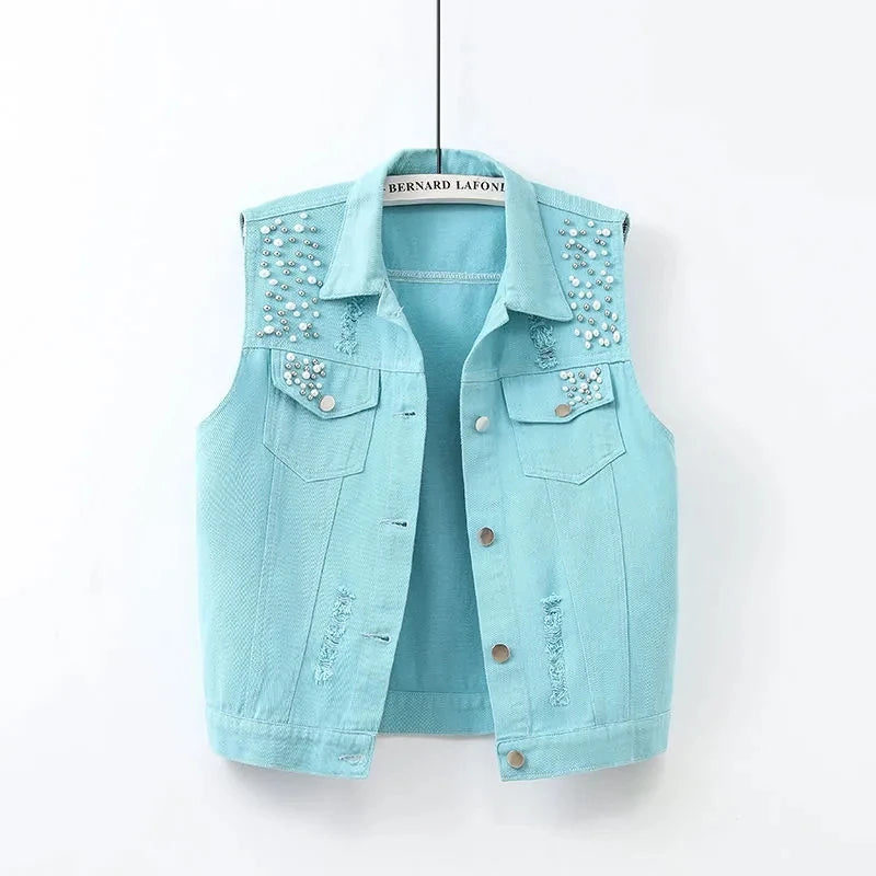 Colorful Beaded Denim Waistcoat – Women's Sleeveless Slim Fit Short Vest Jacket