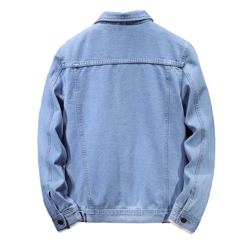 Light blue denim jacket on a gray background