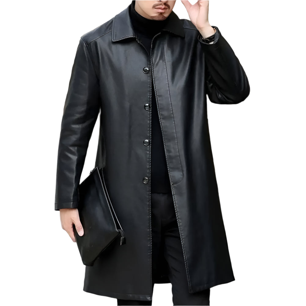 Men's Long Faux Leather Jacket: Fleece Lined, Removable Fur Collar