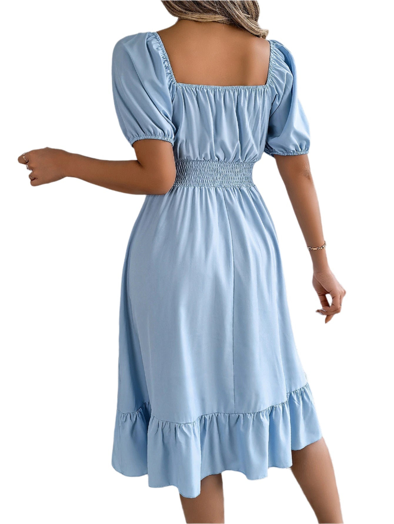 Elegant Square Neck Ruffled Dress – Spring Summer High Waist