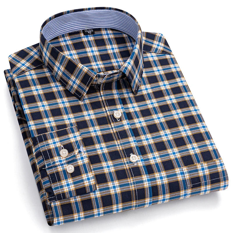 Men’s 100% Cotton Plaid Oxford Shirt – Smart Casual Plus Size 7XL