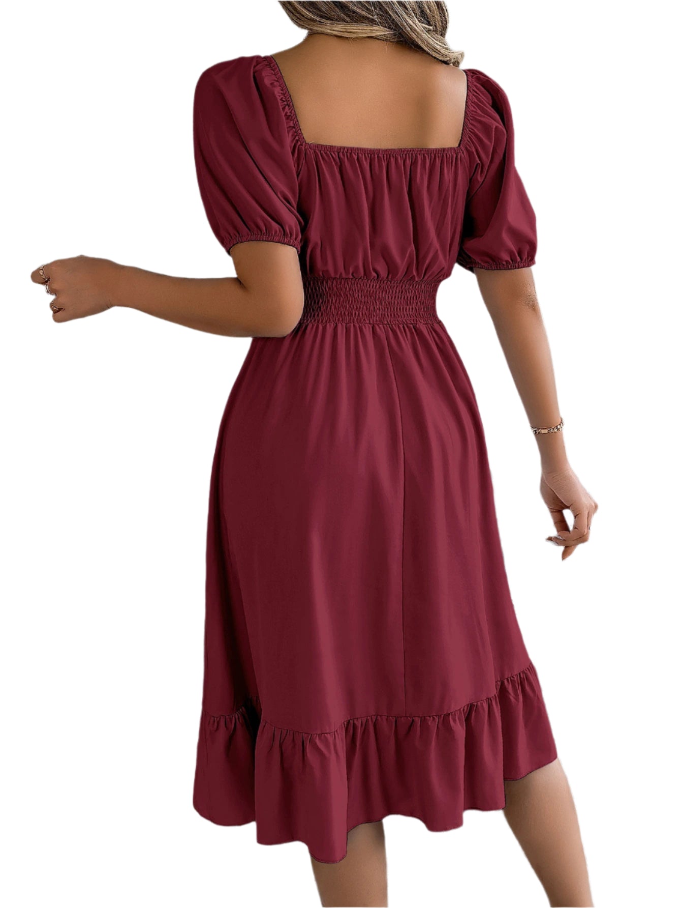 Elegant Square Neck Ruffled Dress – Spring Summer High Waist