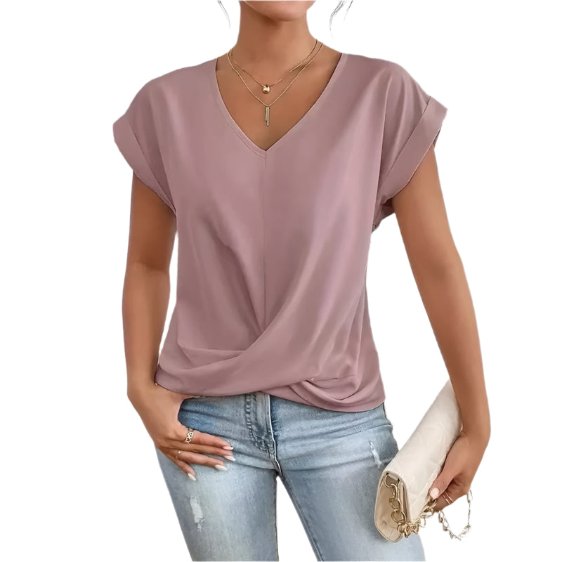 Fashion Pleated Hem V-Neck Tee – Women’s Summer Casual Office Top