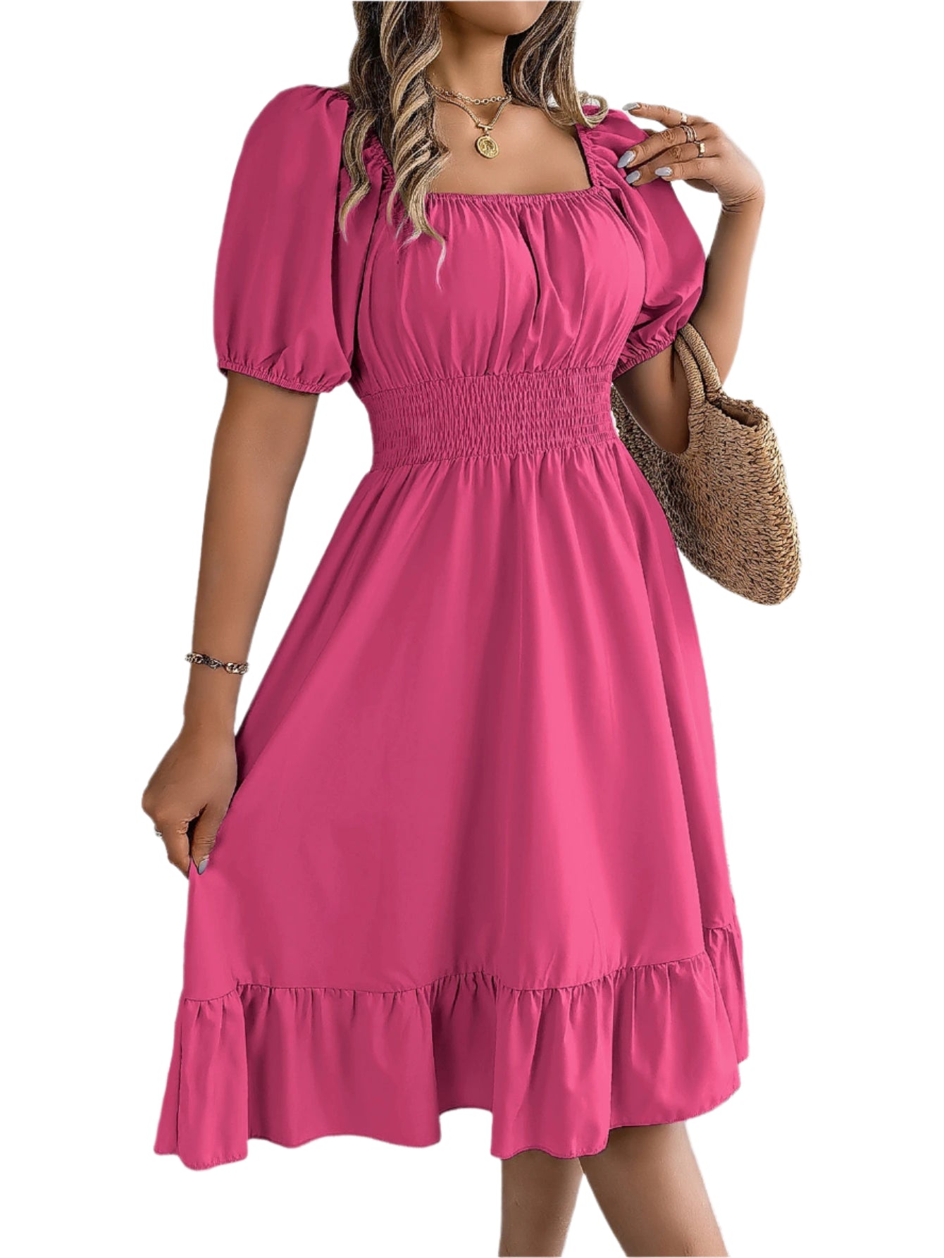 Elegant Square Neck Ruffled Dress – Spring Summer High Waist