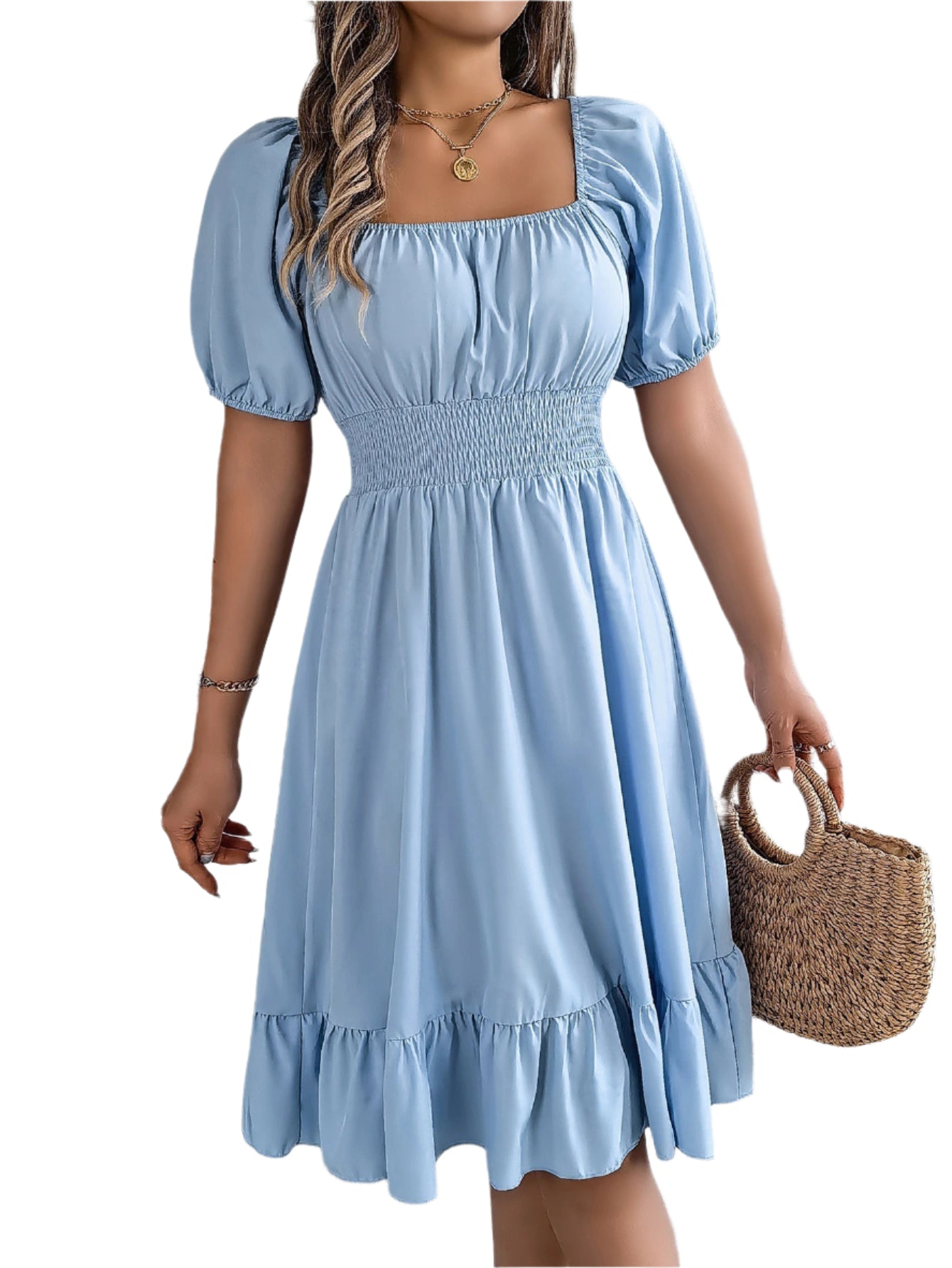 Elegant Square Neck Ruffled Dress – Spring Summer High Waist