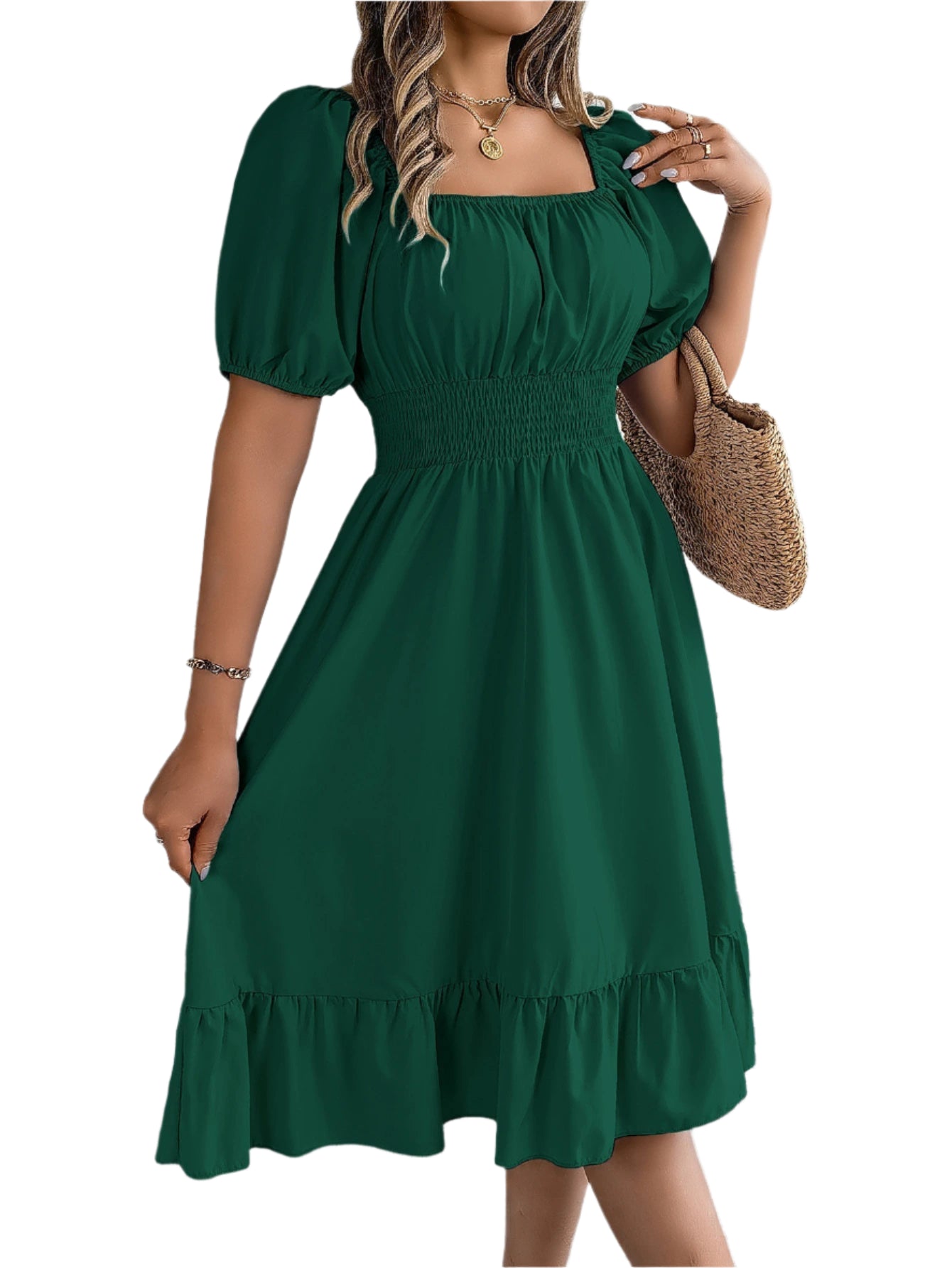 Elegant Square Neck Ruffled Dress – Spring Summer High Waist