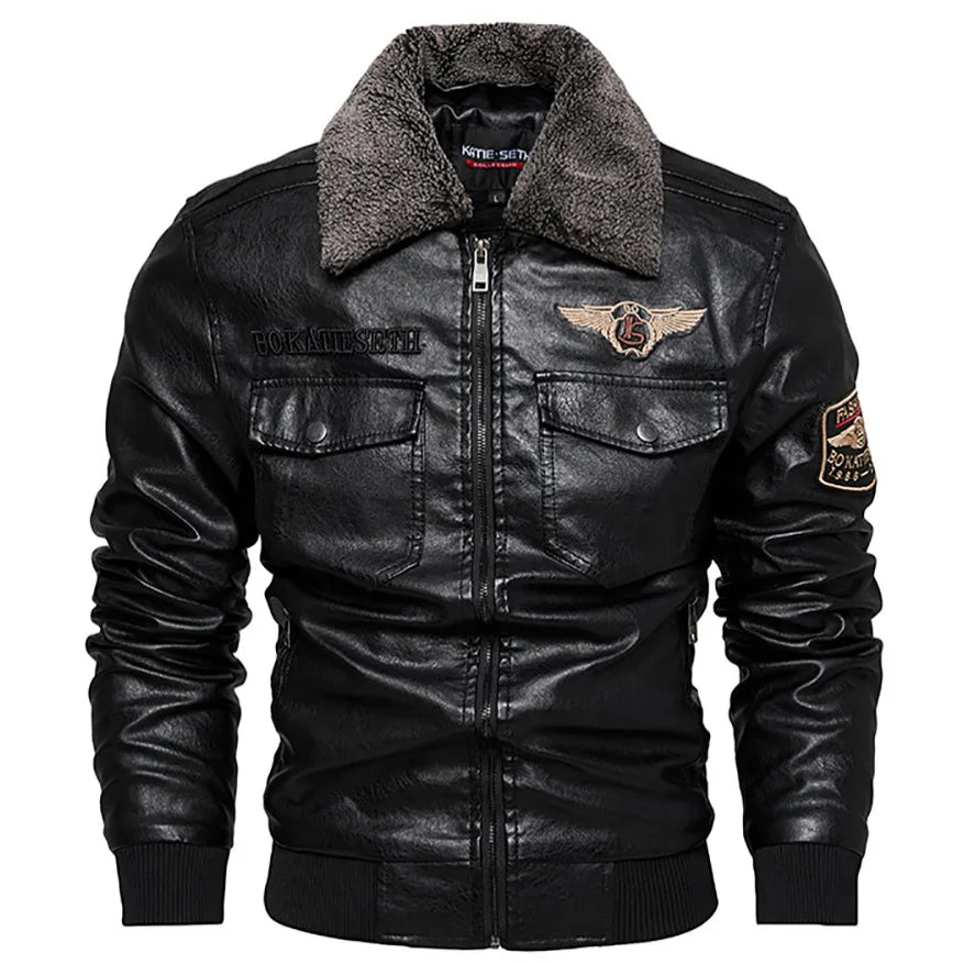 Retro Fur Collar Warm Men's Fleece Lined PU Leather Jacket Coat