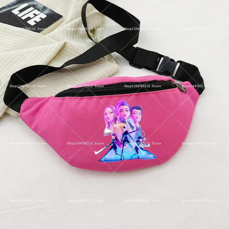 Pink waist bag with graphic design on a light gray background