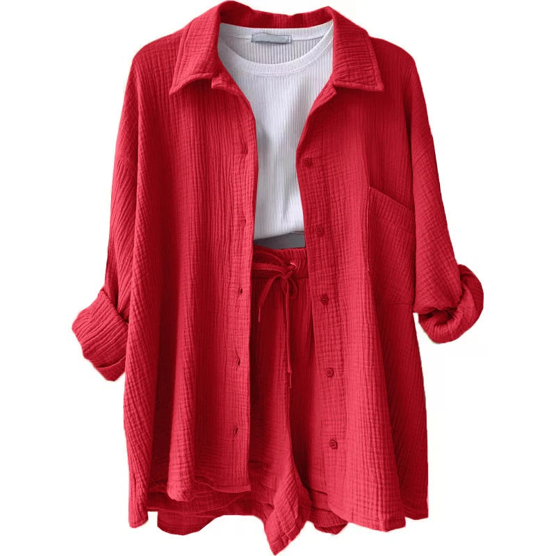 Women's Casual Shirt & Shorts Suit - Full Sleeve Spring/Summer Set