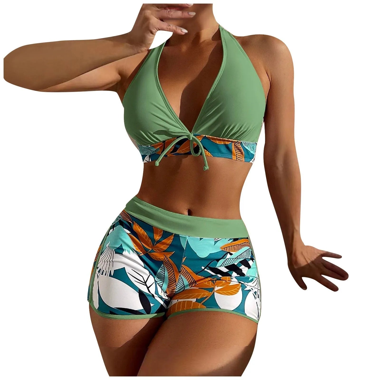 High Waist Plant Print Bikini Set – 2-Piece Swimwear for Women