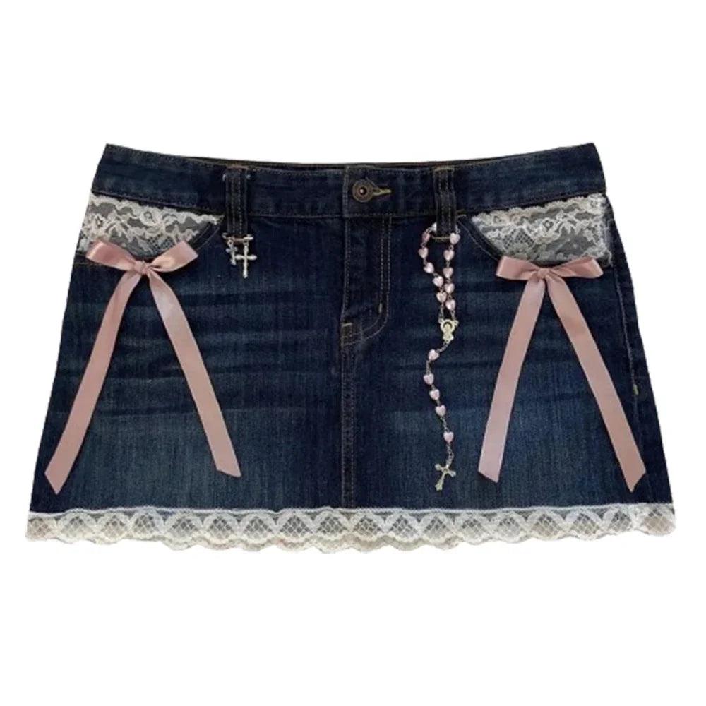 Y2K Retro Denim Mini Skirt Shorts | Embroidered High Waist Style