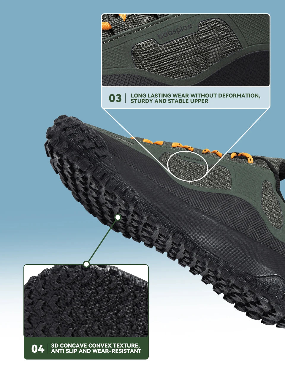 Close-up of a black hiking shoe with tread pattern and text on a blue background