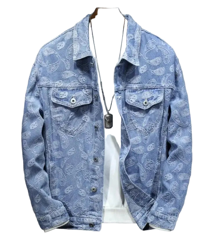 Blue patterned denim jacket on a gray background