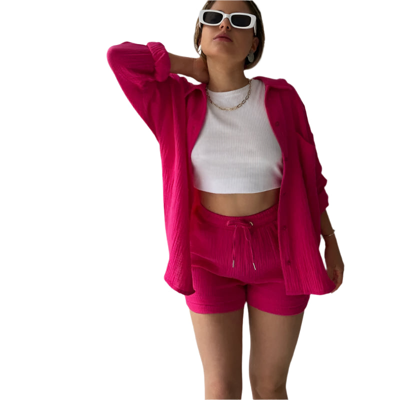 Women's Casual Shirt & Shorts Suit - Full Sleeve Spring/Summer Set