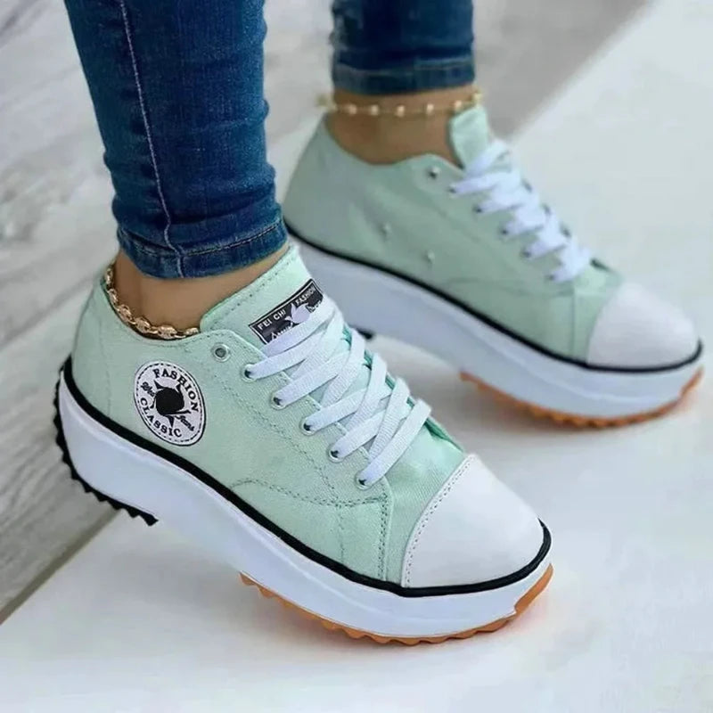 Women’s White Canvas Platform Sneakers – Casual Fashion Tennis Shoes