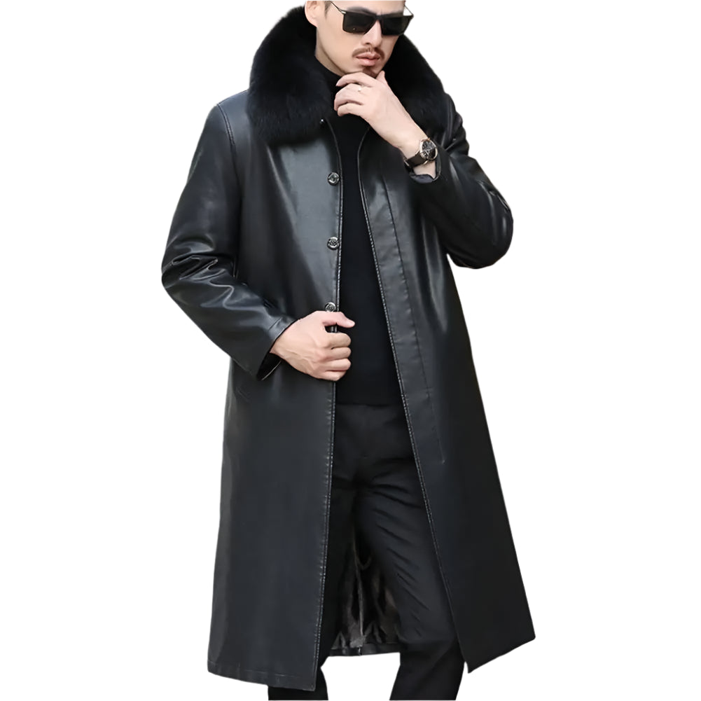 Men's Long Faux Leather Jacket: Fleece Lined, Removable Fur Collar
