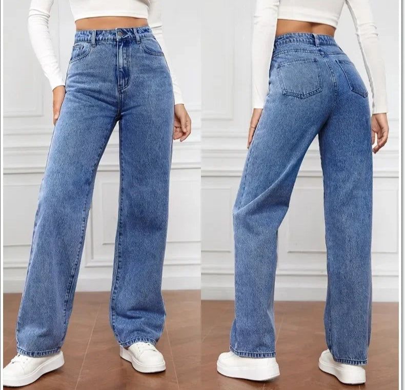 Women's Y2K Loose Straight Jeans - High Waist Ankle Length Denim-Look
