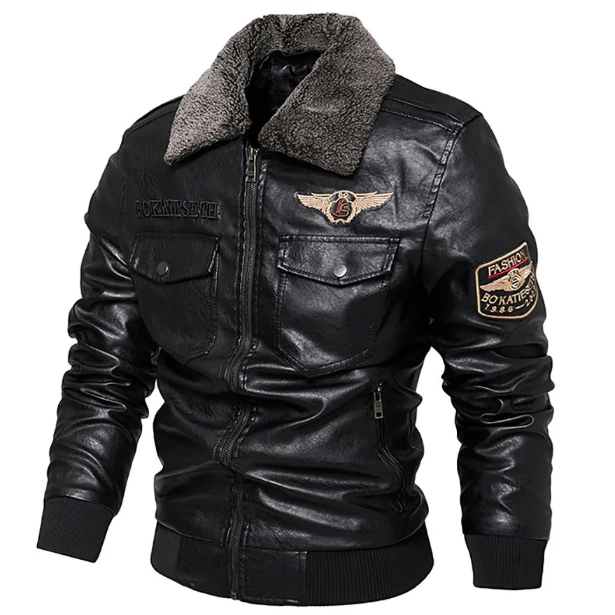 Retro Fur Collar Warm Men's Fleece Lined PU Leather Jacket Coat