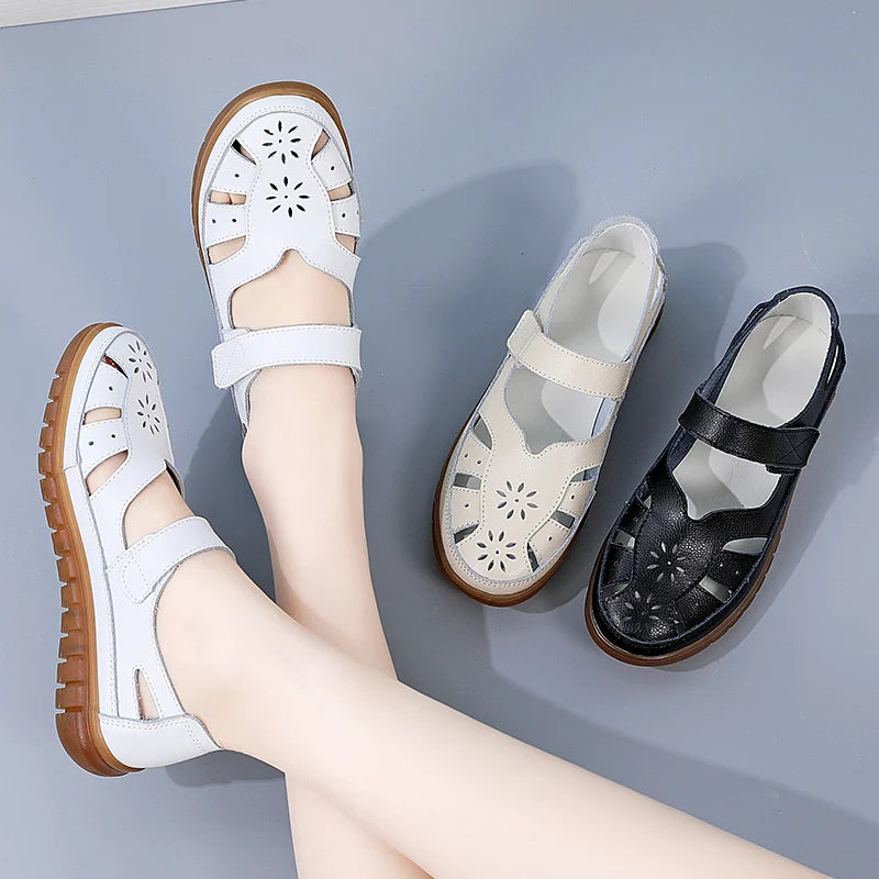 Women's Breathable Leather Sandals: Non-Slip Casual Roman Style