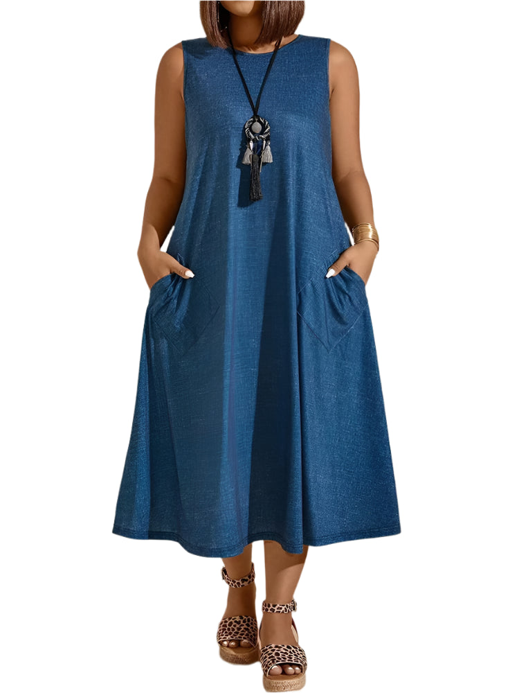 Plus Size Sleeveless Solid Color A-Line Dress with Pockets