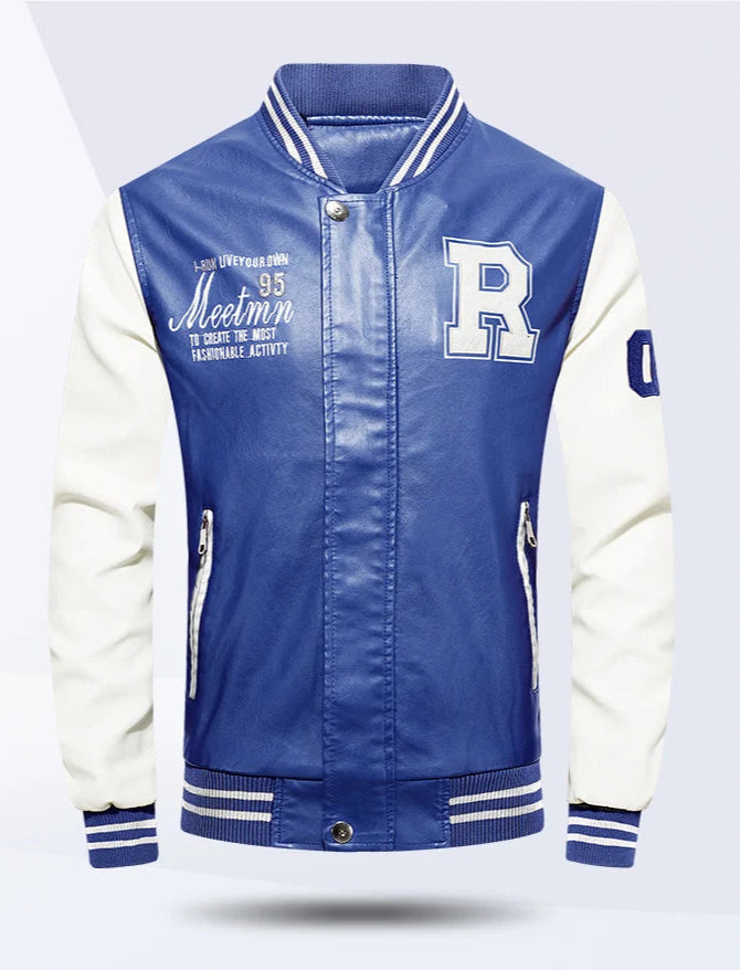 Men's Embroidered PU Leather Jacket: Fleece Lined Winter Coat