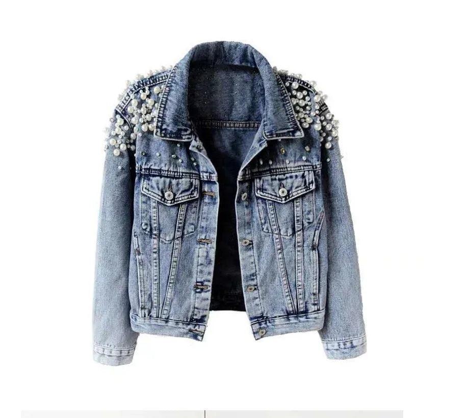 Women's Pearl Denim Coat – Stylish Y2K Punk Gothic Bomber Jacket