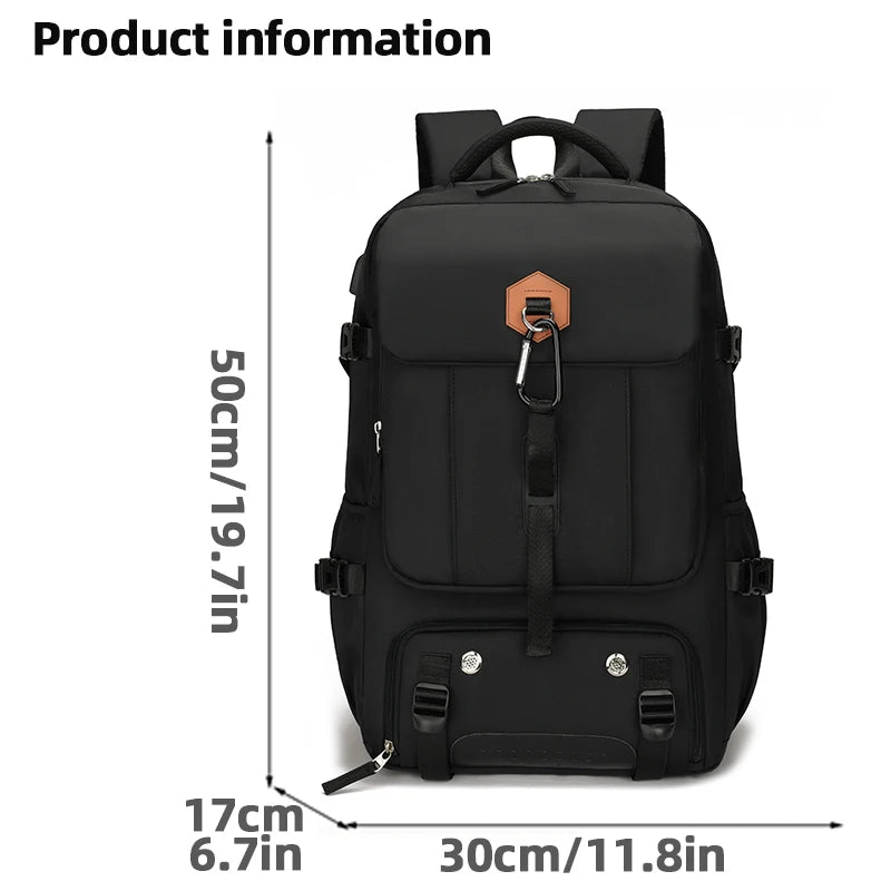 Black backpack with dimensions indicated on a white background
