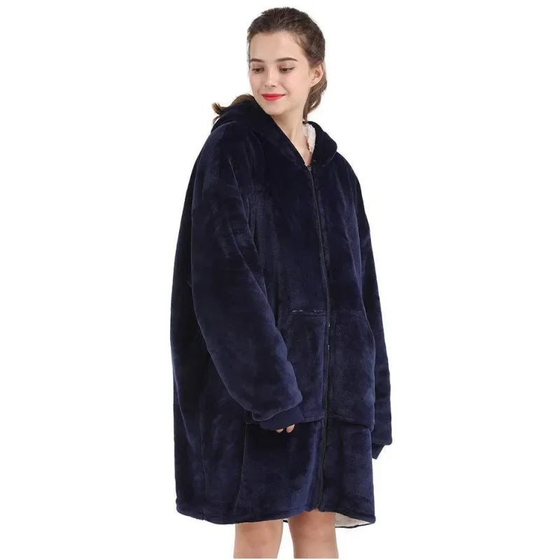 Person wearing a dark blue robe on a white background