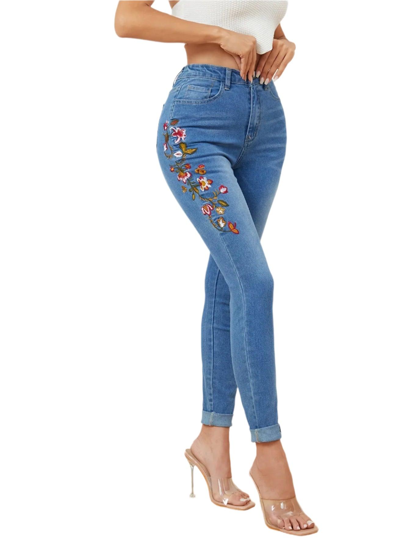 High Waist Embroidered Skinny Jeans | Stretch Denim Pencil Pants Women