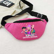 Pink fanny pack with 'KPOP Demon Hunters' design on a light background
