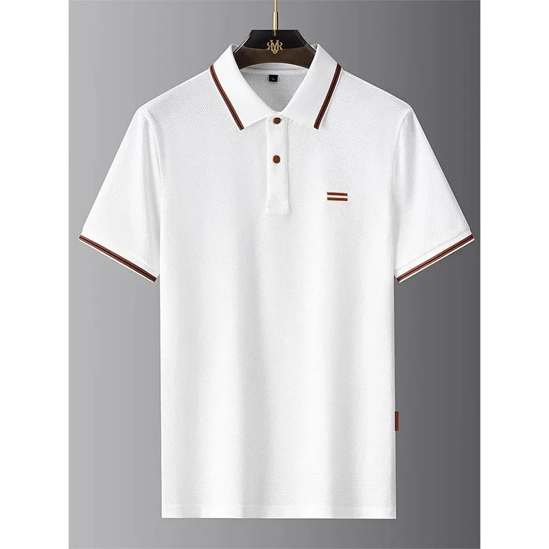 White polo shirt with brown accents on a gray background