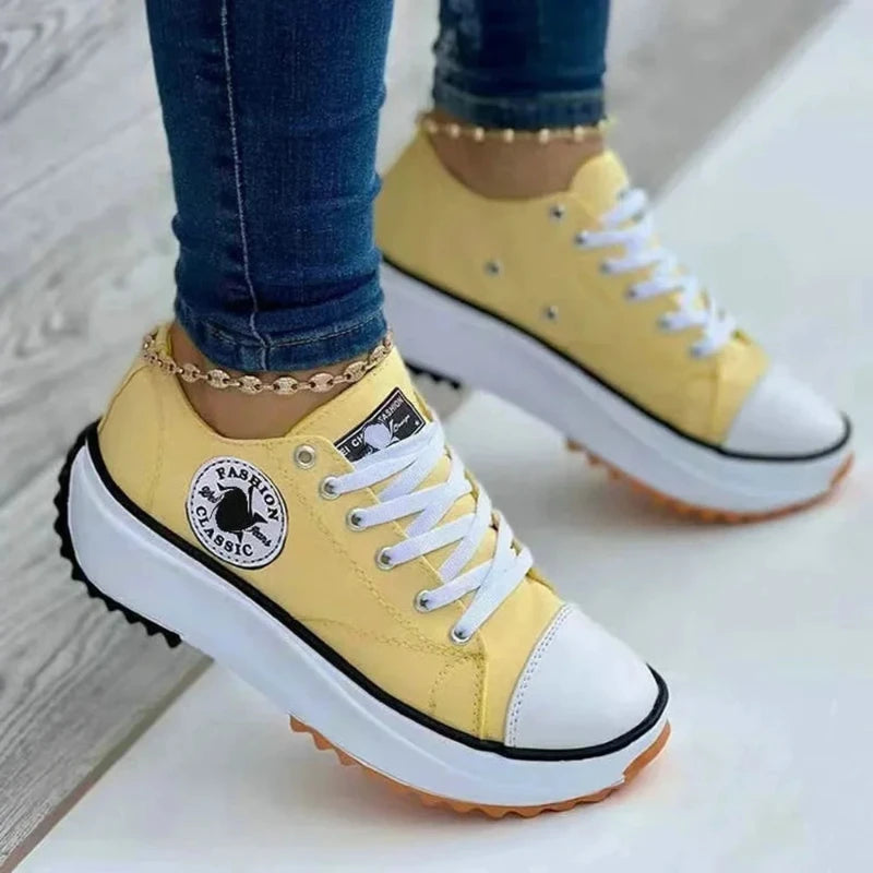 Women’s White Canvas Platform Sneakers – Casual Fashion Tennis Shoes