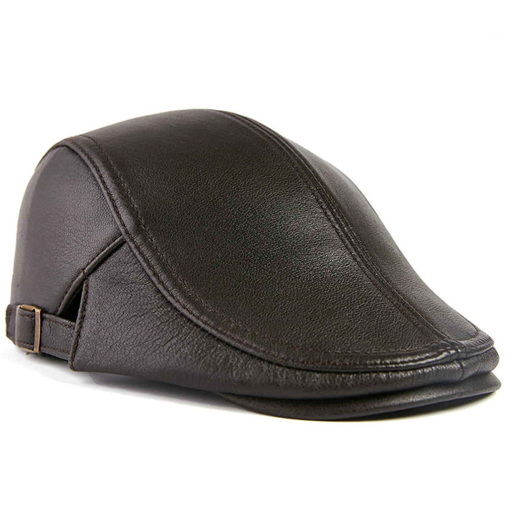Adjustable-fit Real Leather Beret - Warm Sheepskin Flat Men's Cap