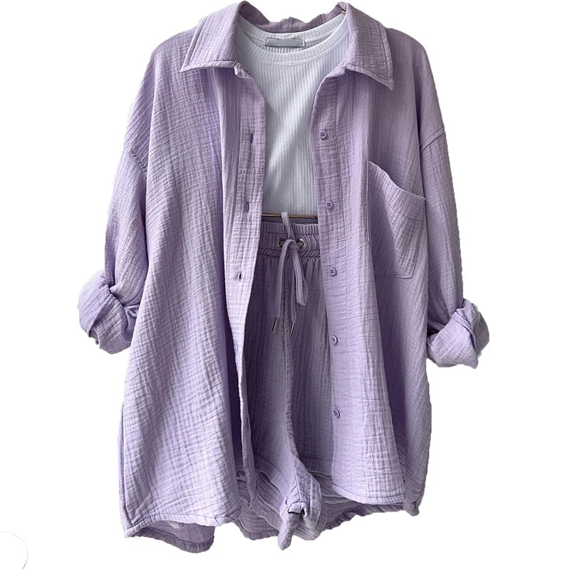 Women's Casual Shirt & Shorts Suit - Full Sleeve Spring/Summer Set