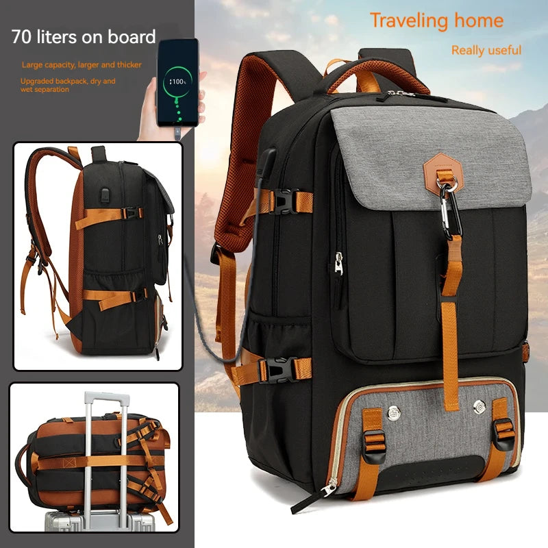 Black and gray backpack with brown accents on a scenic background