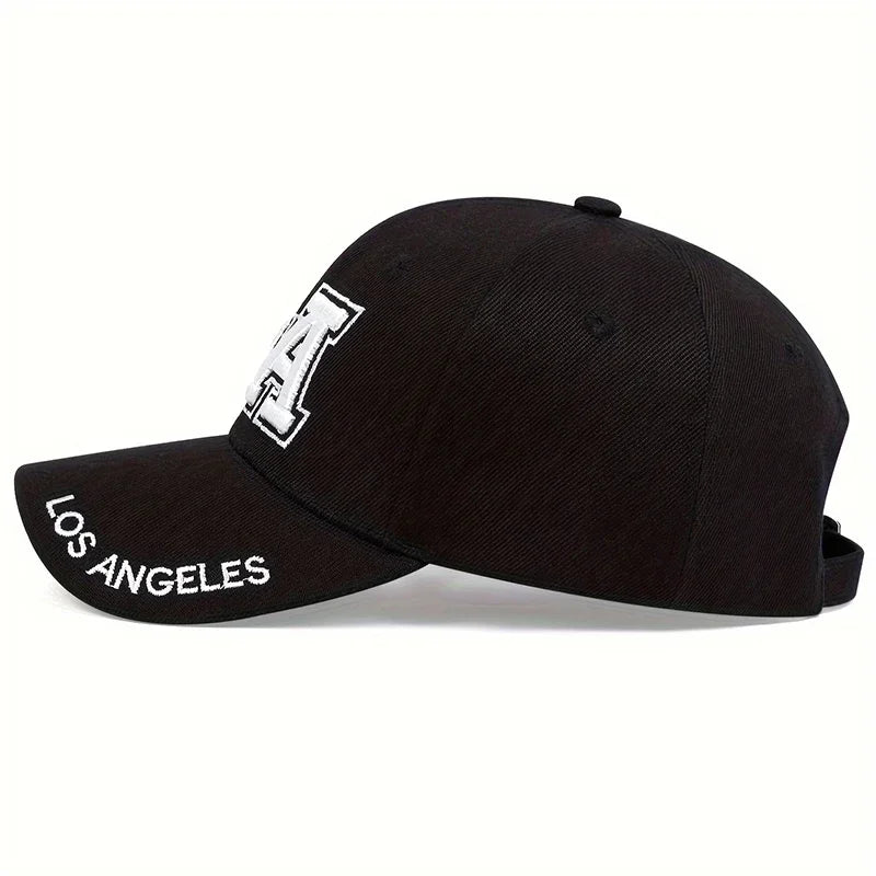 Black cap with 'Los Angeles' text on a white background
