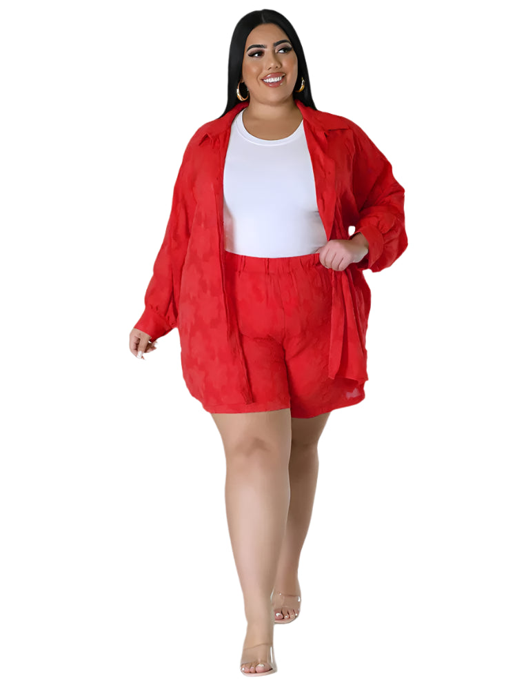 Plus Size Women's 2PC Set - Loose Shirt Top & Shorts Summer Outfits