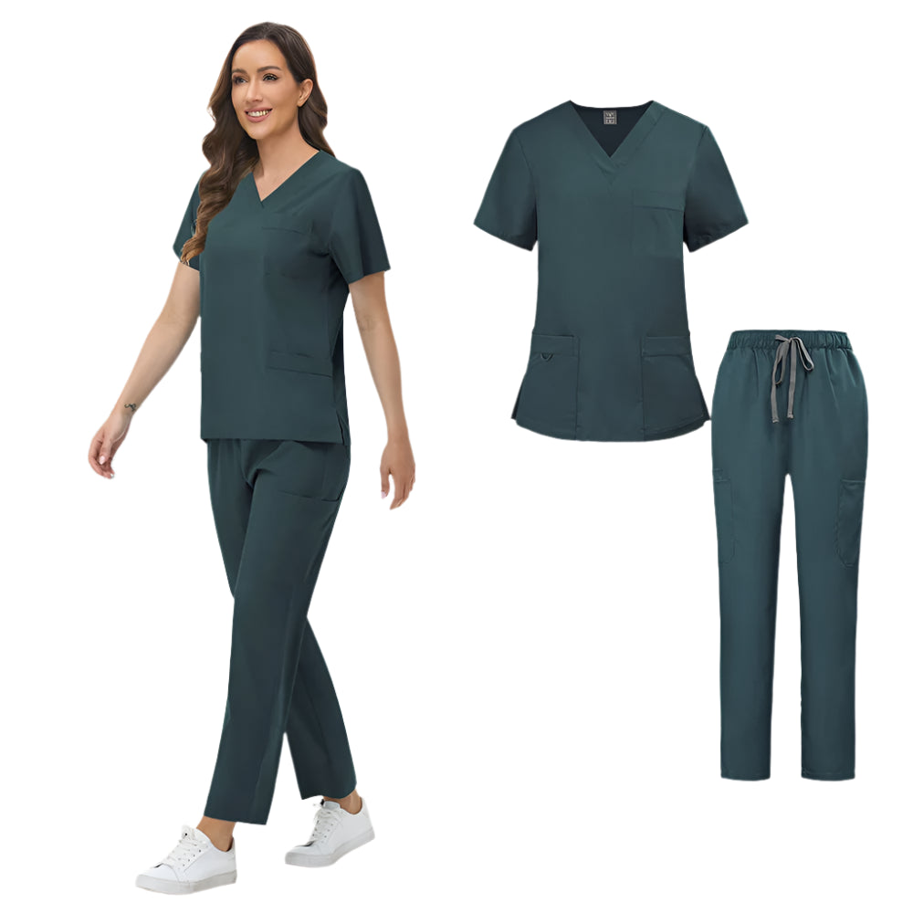 Unisex Medical Scrubs Set: Short Sleeve V-Neck Top & Pants Workwear